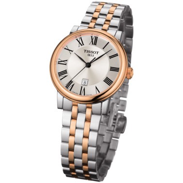 Montre Tissot T-Classic Carson Premium Lady quartz lunette acier PVD doré rose bracelet acier bicolore 30 mm