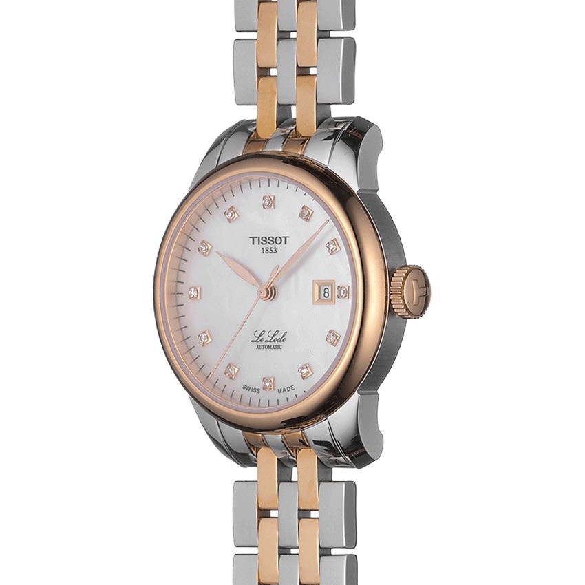 Montre Tissot T-Classic Le Locle Automatic Lady cadran nacre blanche bracelet acier bicolore 29 mm