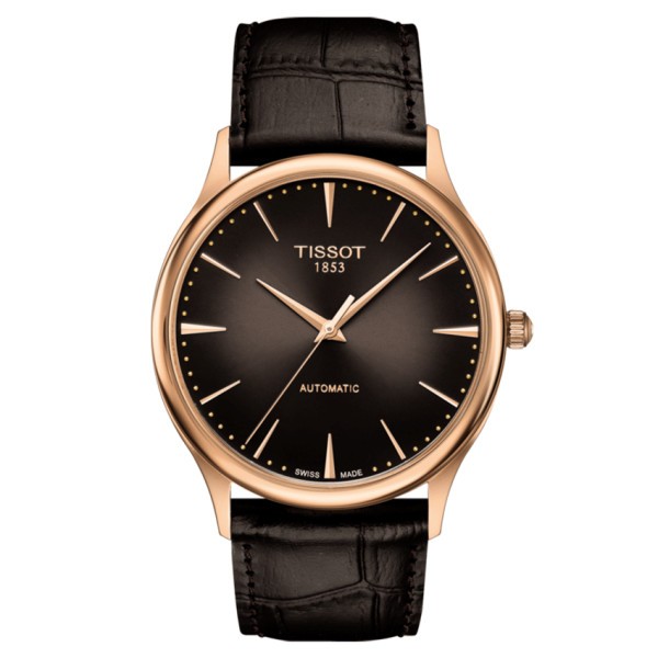 Montre Tissot T-Gold Excellence Automatic 18k Gold cadran brun dégradé bracelet cuir brun 39,8 mm