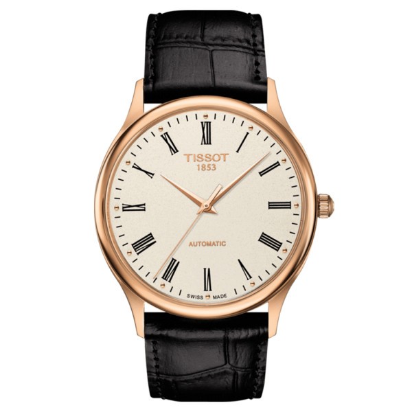 Montre Tissot T-Gold Excellence Automatic 18k Gold cadran opaline crème bracelet cuir noir 39,8 mm