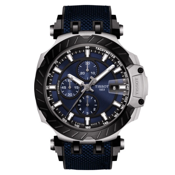 Montre Tissot T-Race Chronograph automatic cadran bleu nuit bracelet caoutchouc bleu 45 mm