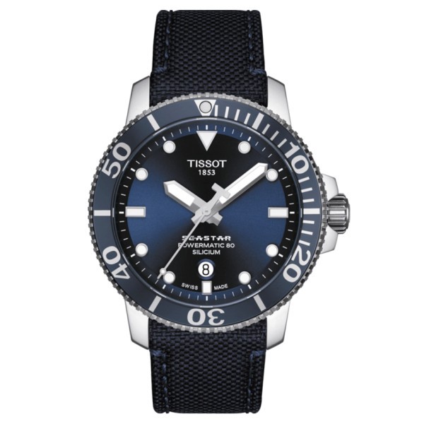 Montre Tissot T-Sport Seastar 1000 Powermatic 80 Silicium cadran bleu bracelet textile bleu 43 mm