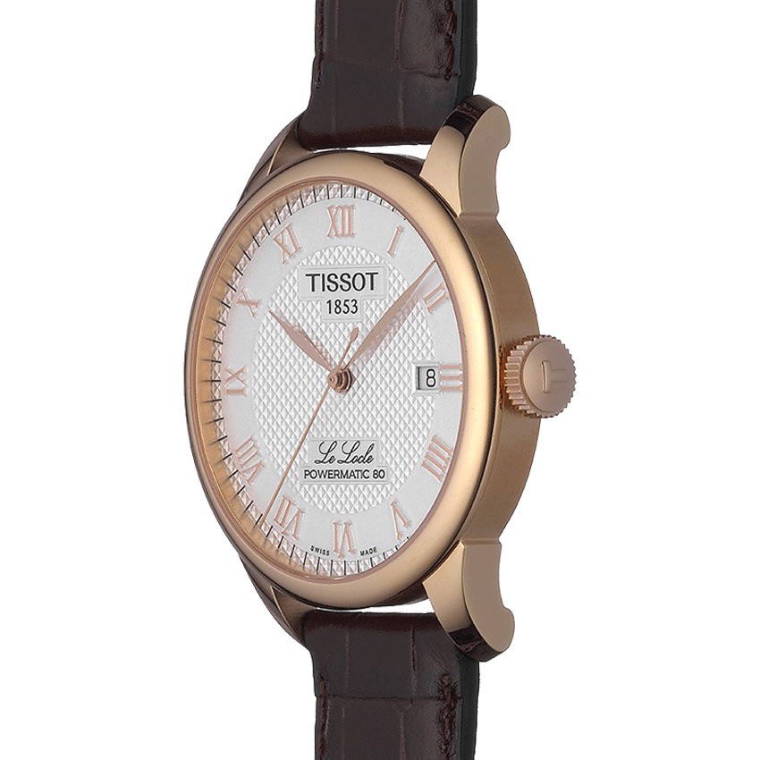 Montre Tissot T-Classic Le Locle Powermatic 80 Silicium PVD or rose cadran blanc bracelet cuir 39 mm