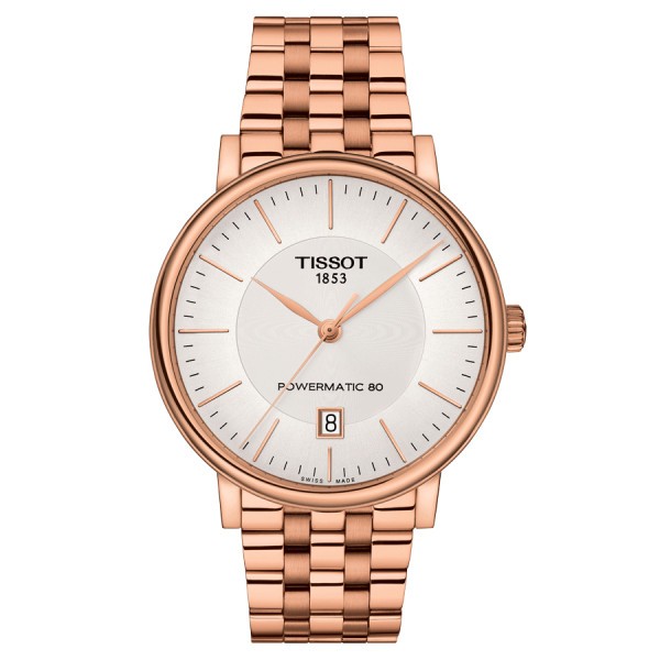 Montre Tissot T-Classic Carson Premium automatique gent cadran argenté bracelet acier PVD doré rose 40 mm