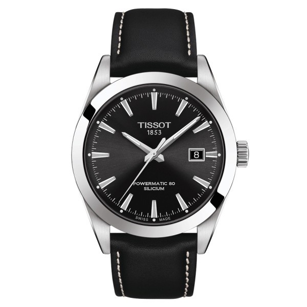 Montre Tissot T-Classic Gentleman Powermatic 80 Silicium cadran noir bracelet cuir 40 mm