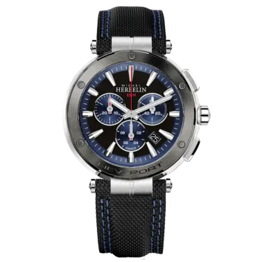 Montre Michel Herbelin Newport Chrono quartz cadran noir bracelet cuir noir 43 mm 37688/AG65