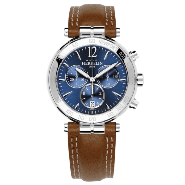 Montre Michel Herbelin Newport Classics quartz cadran bleu bracelet cuir brun 40 mm