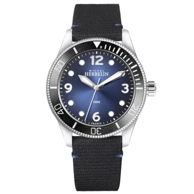 Montre Michel Herbelin Trophy quartz cadran bleu bracelet textile noir 42 mm