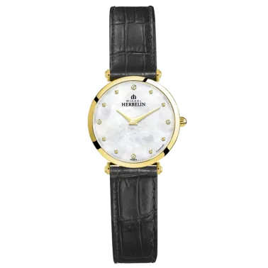 Montre Michel Herbelin Epsilon quartz cadran nacre index diamants bracelet cuir noir 28 mm