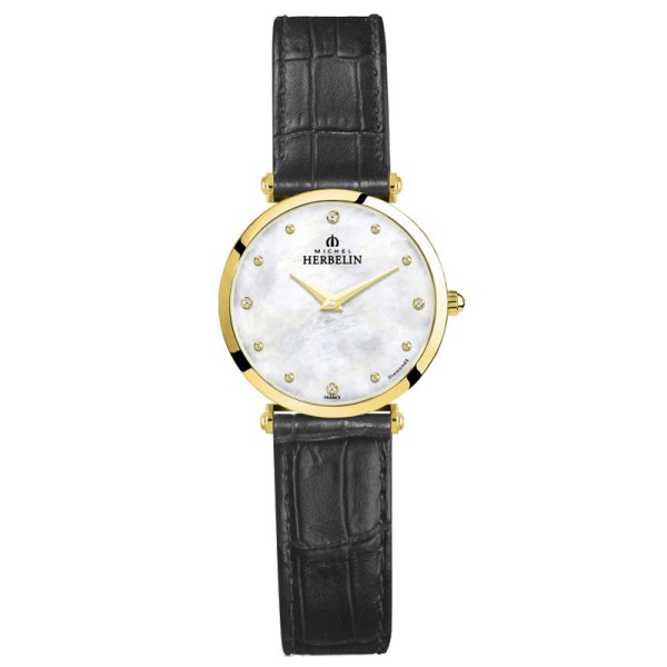 Montre Michel Herbelin Epsilon quartz cadran nacre index diamants bracelet cuir noir 28 mm