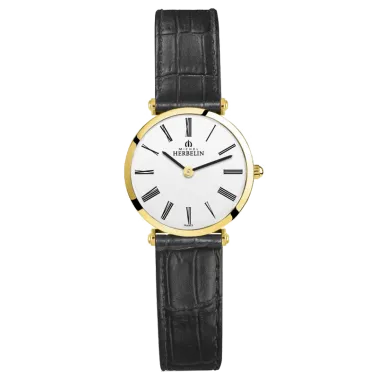 Montre Michel Herbelin Epsilon quartz cadran blanc chiffres romains bracelet cuir noir 28 mm