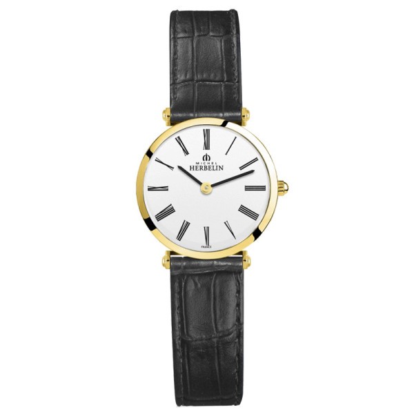 Montre Michel Herbelin Epsilon quartz cadran blanc chiffres romains bracelet cuir noir 28 mm