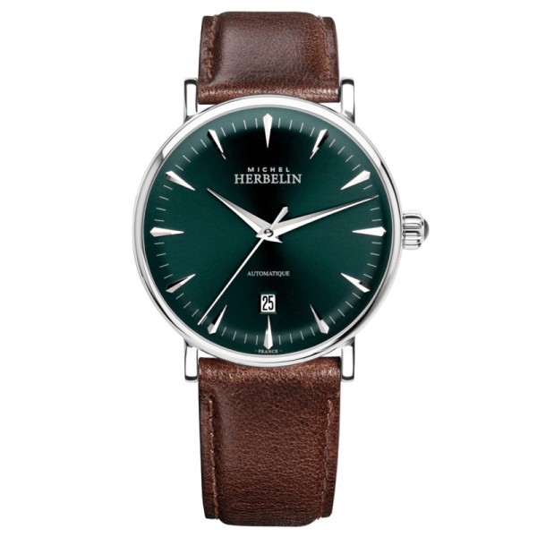 Montre Michel Herbelin Inspiration automatique cadran vert bracelet cuir marron 40 mm