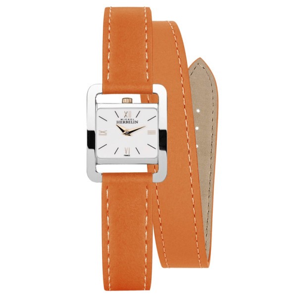 Montre Michel Herbelin 5ème Avenue quartz cadran blanc bracelet double tour cuir orange