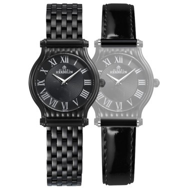 Montre Michel Herbelin Coffret Antarès quartz cadran noir bracelets acier et cuir noir 32 mm