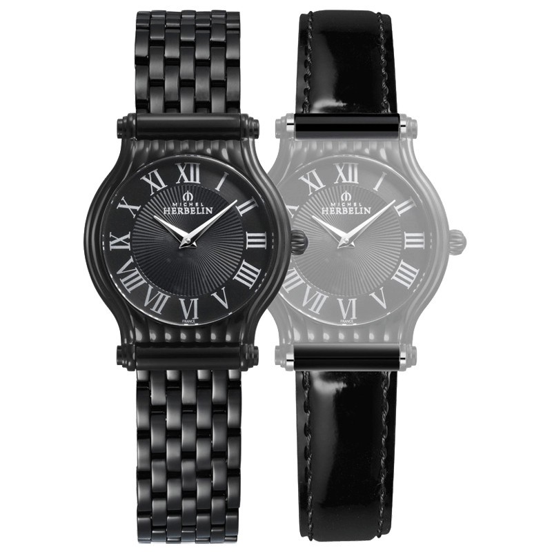 Montre Michel Herbelin Coffret Antarès quartz cadran noir bracelets acier et cuir noir 32 mm