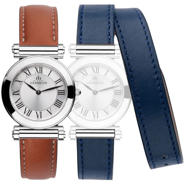 Montre Michel Herbelin Coffret Antarès quartz cadran argenté bracelets orange et bleu 29 mm