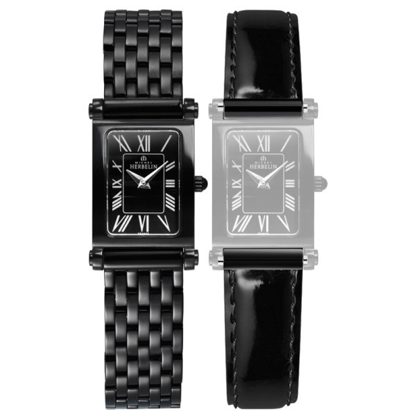 Montre Michel Herbelin Coffret Antarès quartz cadran noir bracelets acier et cuir noir