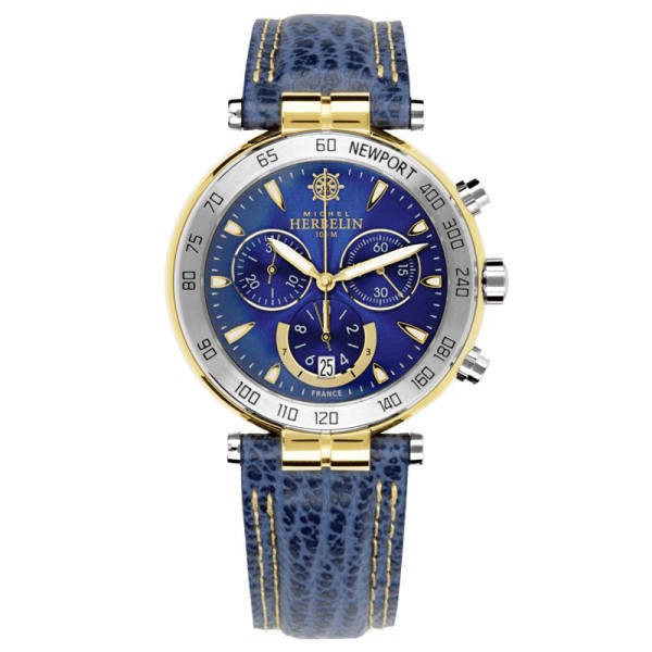 Montre Michel Herbelin Newport Originals Chrono quartz cadran bleu bracelet cuir bleu 40 mm 37654/T35