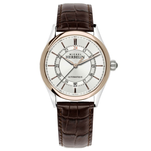 Montre Michel Herbelin Classiques 24H automatique cadran gris bracelet cuir marron 39 mm