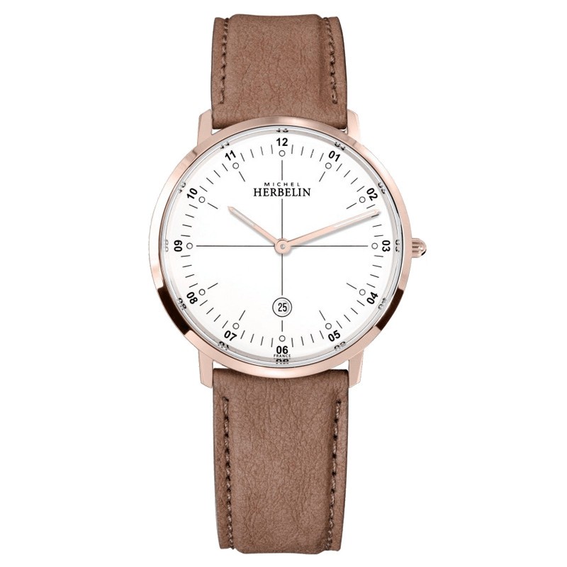Montre Michel Herbelin City Vegan quartz cadran blanc bracelet végétal taupe 38,7 mm
