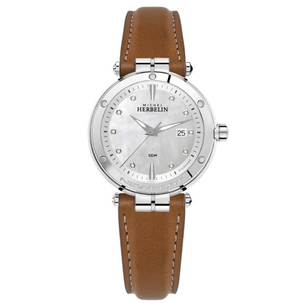 Montre Michel Herbelin Newport quartz cadran nacre index diamants bracelet caoutchouc blanc 34,5 mm