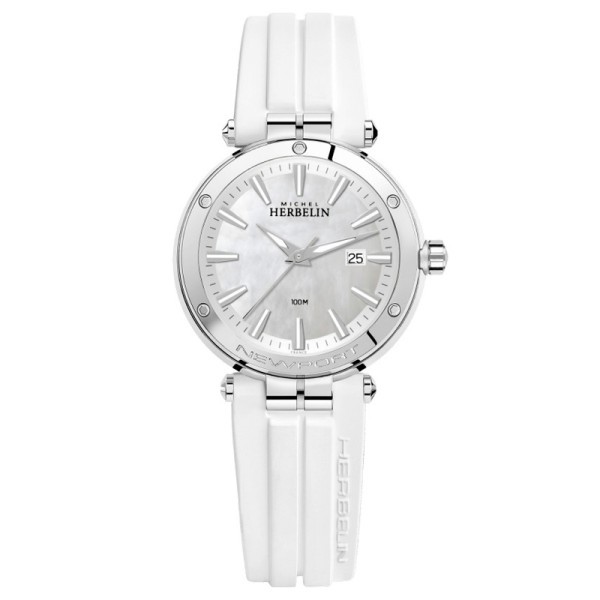 Montre Michel Herbelin Newport quartz cadran nacre bracelet caoutchouc blanc 34,5 mm