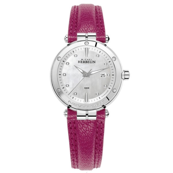 Montre Michel Herbelin Newport quartz cadran nacre index diamants bracelet cuir rose 34,5 mm