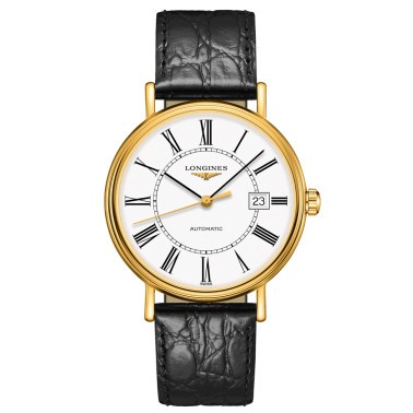 Montre Longines Présence automatique acier PVD or jaune cadran blanc chiffres romains bracelet cuir noir 40 mm