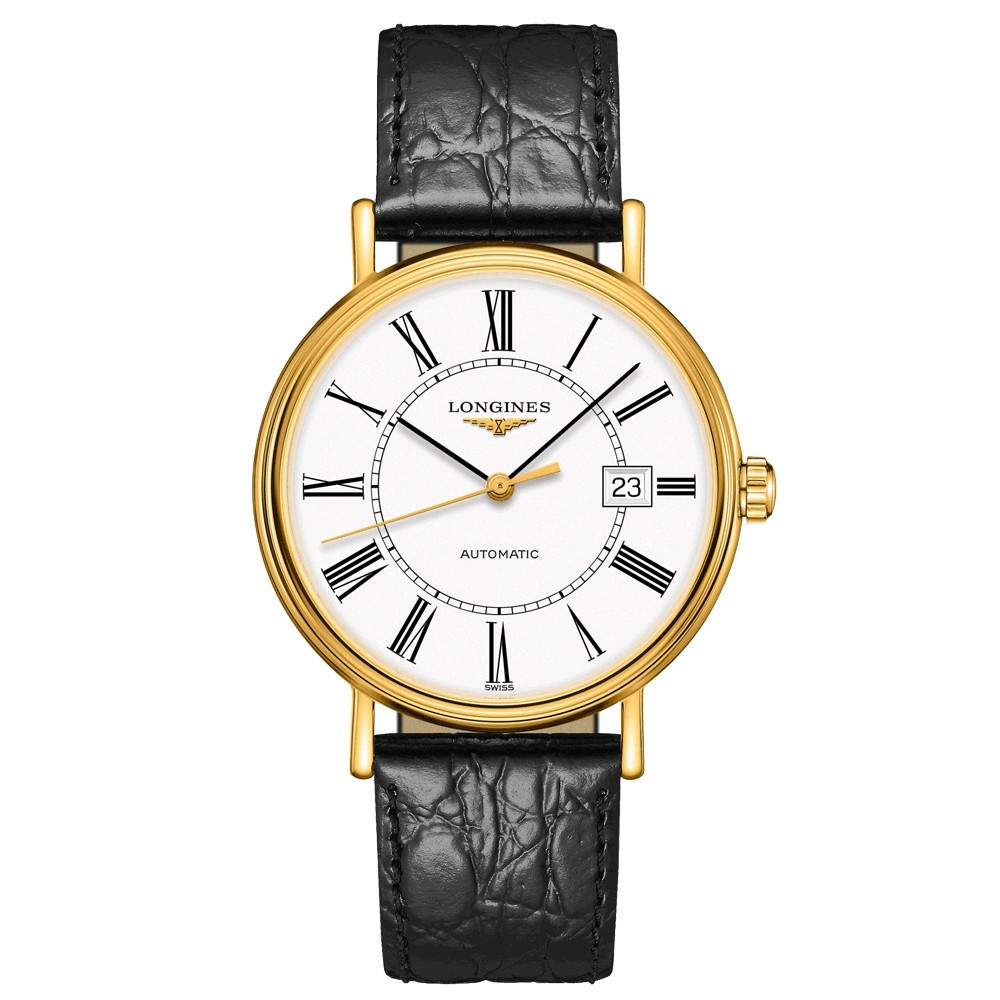 Montre Longines Présence automatique acier PVD or jaune cadran blanc chiffres romains bracelet cuir noir 40 mm