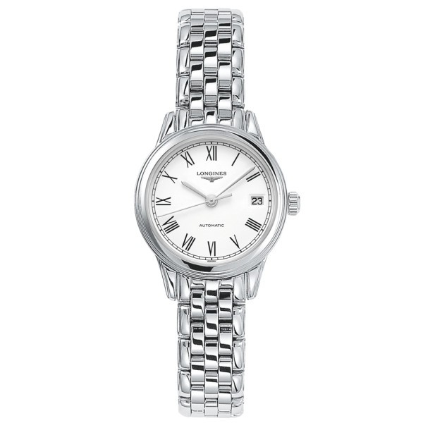 Montre Longines Flagship automatique cadran blanc chiffres romains bracelet acier 5 maillons 26 mm