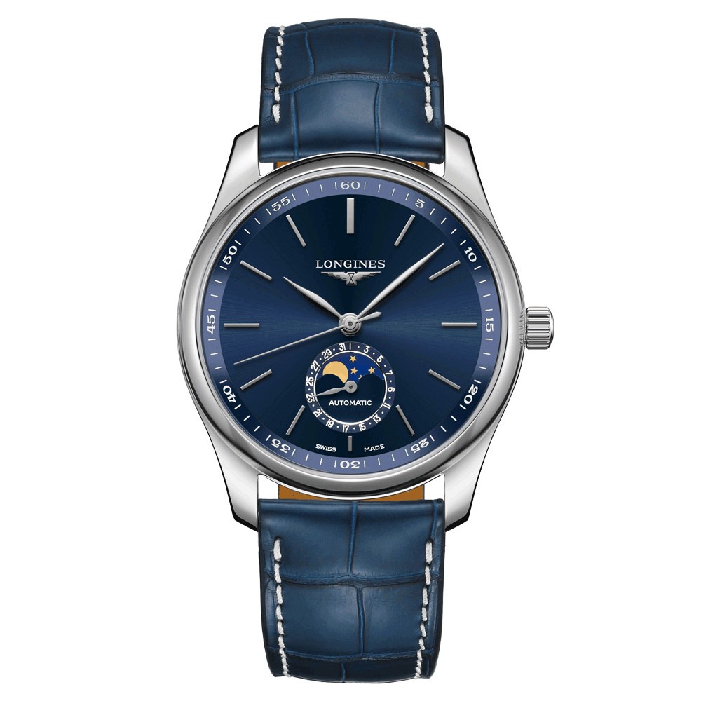 Montre Longines Master Collection automatique cadran bleu phases de lune bracelet cuir bleu 40 mm L2.909.4.92.0
