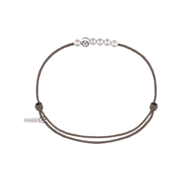 Bracelet Claverin Mini 6 Little Diamond Moon cordon taupe perles blanches or blanc et diamants