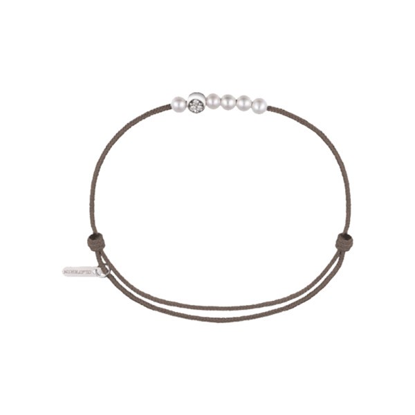Bracelet Claverin Mini 6 Little Diamond Moon cordon taupe perles blanches or blanc et diamants - SOLDAT PL