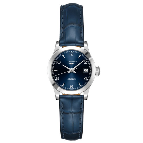 Montre Longines Record automatique cadran bleu bracelet cuir bleu 26 mm