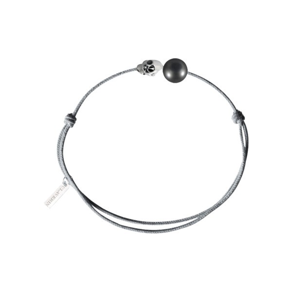 Bracelet Claverin Unisex Cords Pearly Skull cordon gris perlé perle de Tahiti et or blanc