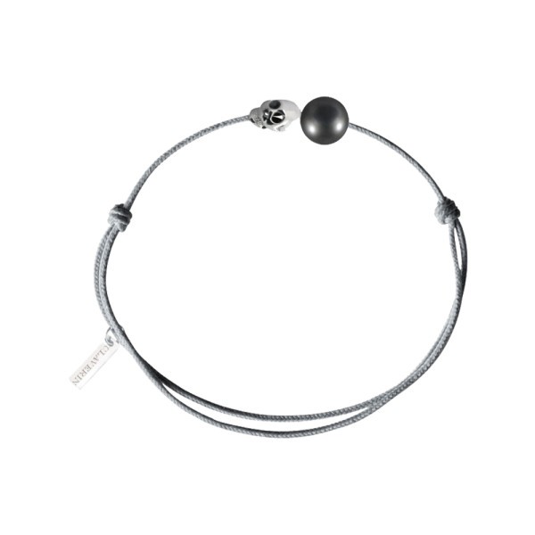Bracelet Claverin Unisex Cords Pearly Skull cordon gris perlé perle de Tahiti et or blanc - SOLDAT