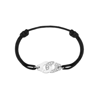 Bracelet Dinh Van Menottes R12 en or blanc et diamants sur cordon - SOLDAT PL
