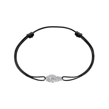 Bracelet Dinh Van Menottes R8 en or blanc et pavage diamants sur cordon - SOLDAT