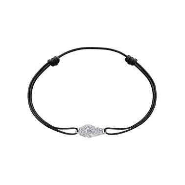 Bracelet Dinh Van Menottes R8 en or blanc et pavage diamants sur cordon - SOLDAT PL