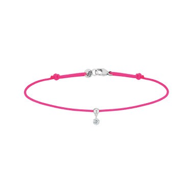 Bracelet cordon La Brune et La Blonde rose fluo en or blanc et diamant 0,07 carat