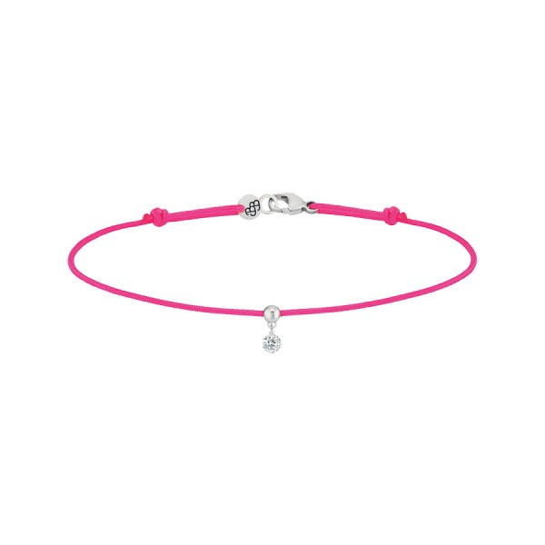 Bracelet cordon La Brune et La Blonde rose fluo en or blanc et diamant 0,07 carat