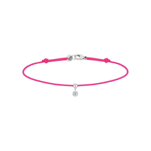 Bracelet cordon La Brune et La Blonde rose fluo en or blanc et diamant 0,10 carat