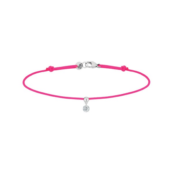 Bracelet cordon La Brune et La Blonde rose fluo en or blanc et diamant 0,10 carat