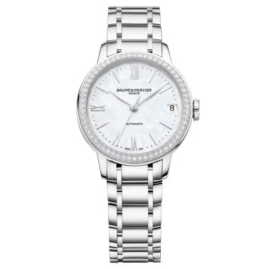 Montre Baume et Mercier Classima automatique lunette sertie cadran nacre bracelet acier 31 mm