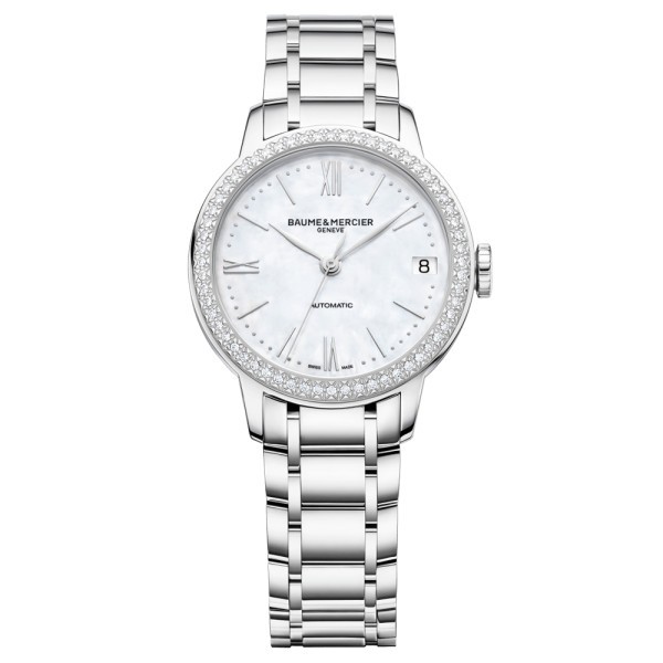 Montre Baume et Mercier Classima automatique lunette sertie cadran nacre bracelet acier 31 mm