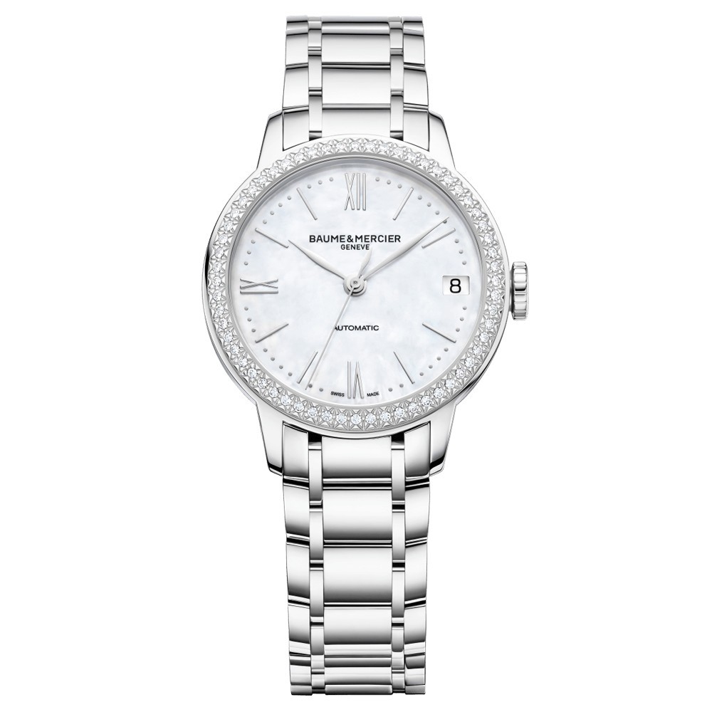 Montre Baume et Mercier Classima automatique lunette sertie cadran nacre bracelet acier 31 mm
