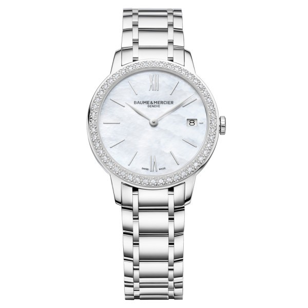 Montre Baume et Mercier Classima quartz lunette sertie cadran nacre bracelet acier 31 mm