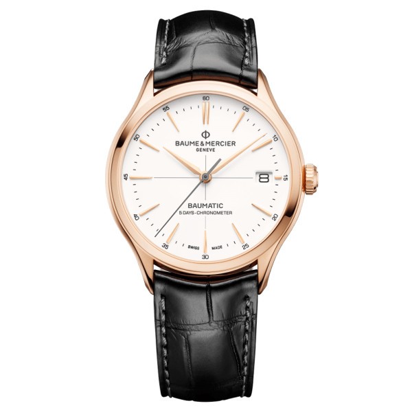 Montre Baume et Mercier Clifton Baumatic COSC or rouge 750 millièmes cadran blanc bracelet cuir alligator noir 39 mm 10469