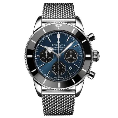 Montre Breitling Superocean Heritage B01 Chronograph cadran bleu Blackeye bracelet maille milanaise 44 mm